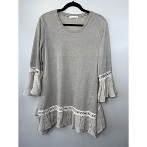 Indigo Soul Taupe Lined Tunic With Rayon Bunched Hems & Crocheted Accents Size L